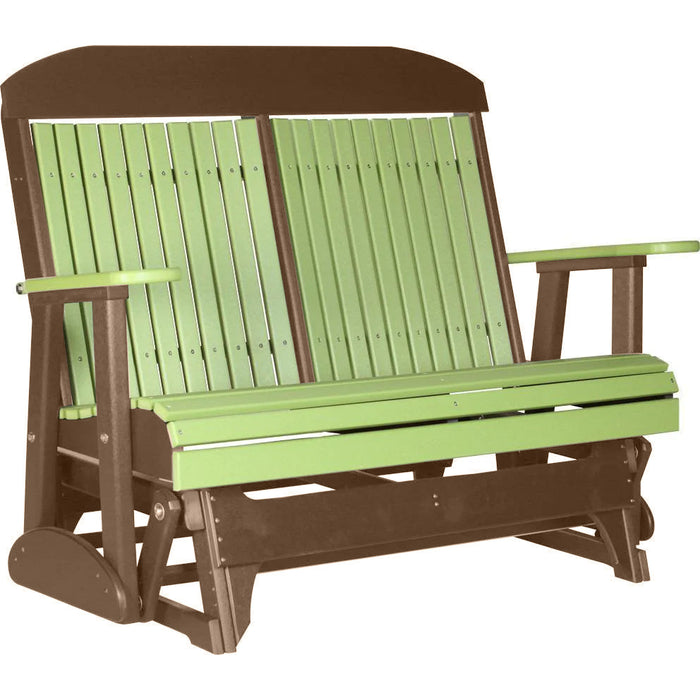 LuxCraft LuxCraft Lime Green 4 ft. Recycled Plastic Highback Outdoor Glider Bench With Cup Holder Lime Green on Chestnut Brown Highback Glider 4CPGLGCBR-CH