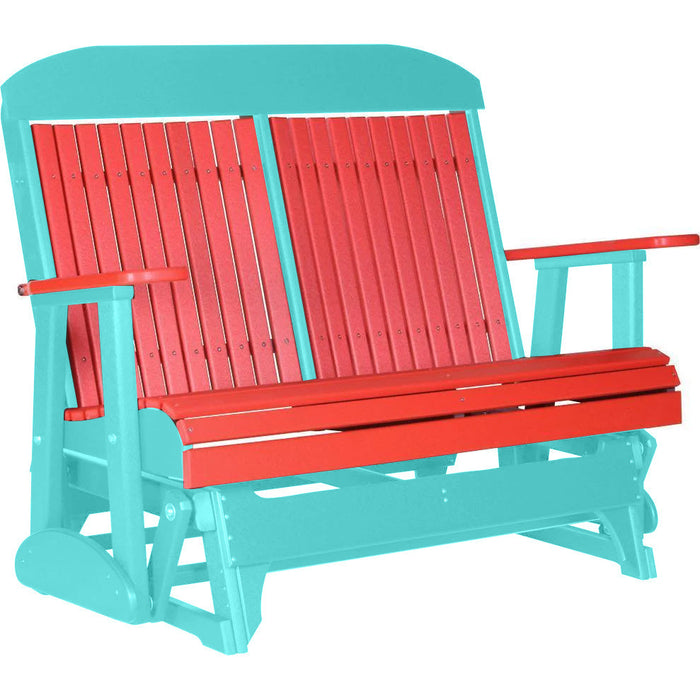 LuxCraft LuxCraft Red 4 ft. Recycled Plastic Highback Outdoor Glider Bench Red on Aruba Blue Highback Glider 4CPGRAB