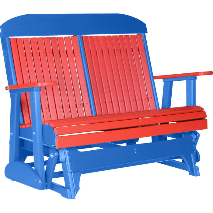 LuxCraft LuxCraft Red 4 ft. Recycled Plastic Highback Outdoor Glider Bench Red on Blue Highback Glider 4CPGRBL