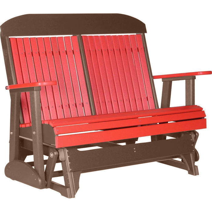 LuxCraft LuxCraft Red 4 ft. Recycled Plastic Highback Outdoor Glider Bench With Cup Holder Red on Chestnut Brown Highback Glider 4CPGRCBR-CH