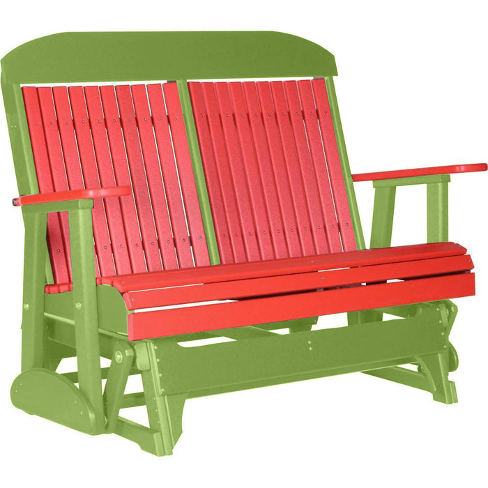 LuxCraft LuxCraft Red 4 ft. Recycled Plastic Highback Outdoor Glider Bench With Cup Holder Red on Lime Green Highback Glider 4CPGRLG-CH