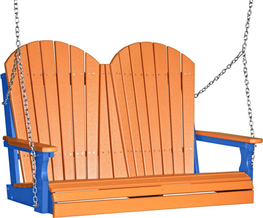 LuxCraft LuxCraft Tangerine Adirondack 4ft. Recycled Plastic Porch Swing With Cup Holder Tangerine on Blue / Adirondack Porch Swing Porch Swing 4APSTBL-CH