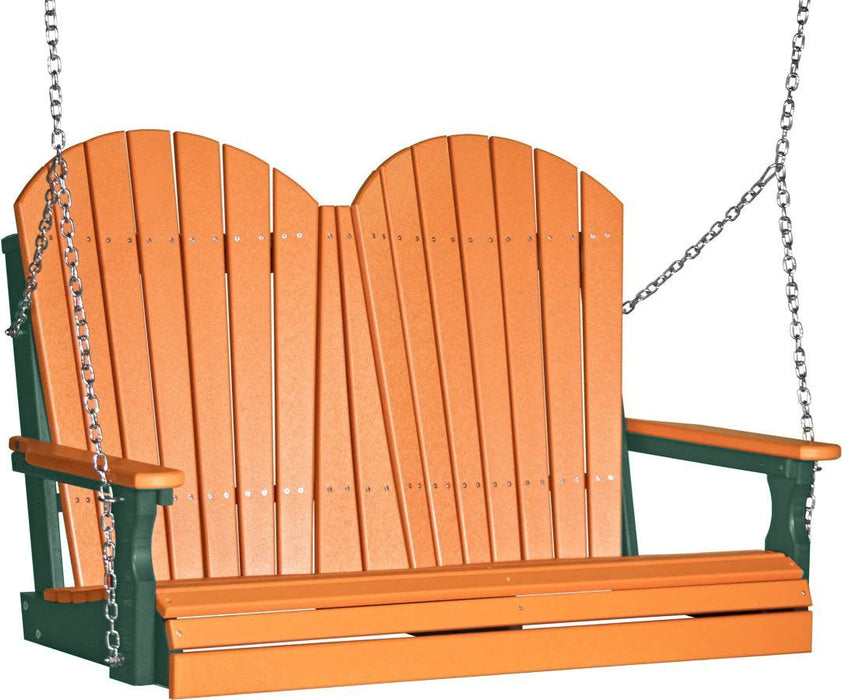 LuxCraft LuxCraft Tangerine Adirondack 4ft. Recycled Plastic Porch Swing With Cup Holder Tangerine on Green / Adirondack Porch Swing Porch Swing 4APSTG-CH