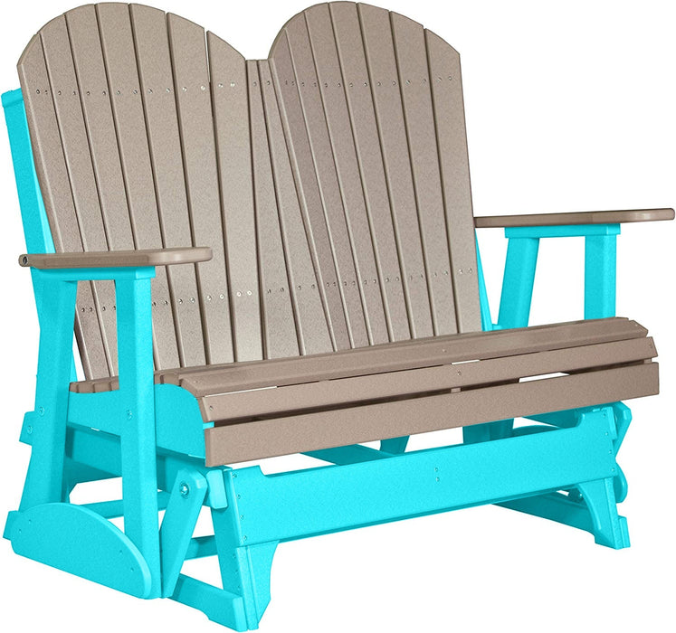 LuxCraft LuxCraft Weatherwood 4 ft. Recycled Plastic Adirondack Outdoor Glider With Cup Holder Weatherwood on Aruba Blue Adirondack Glider 4APGWWAB-CH