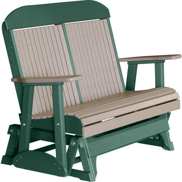 LuxCraft LuxCraft Weatherwood 4 ft. Recycled Plastic Highback Outdoor Glider Bench Weatherwood on Green Highback Glider 4CPGWWG