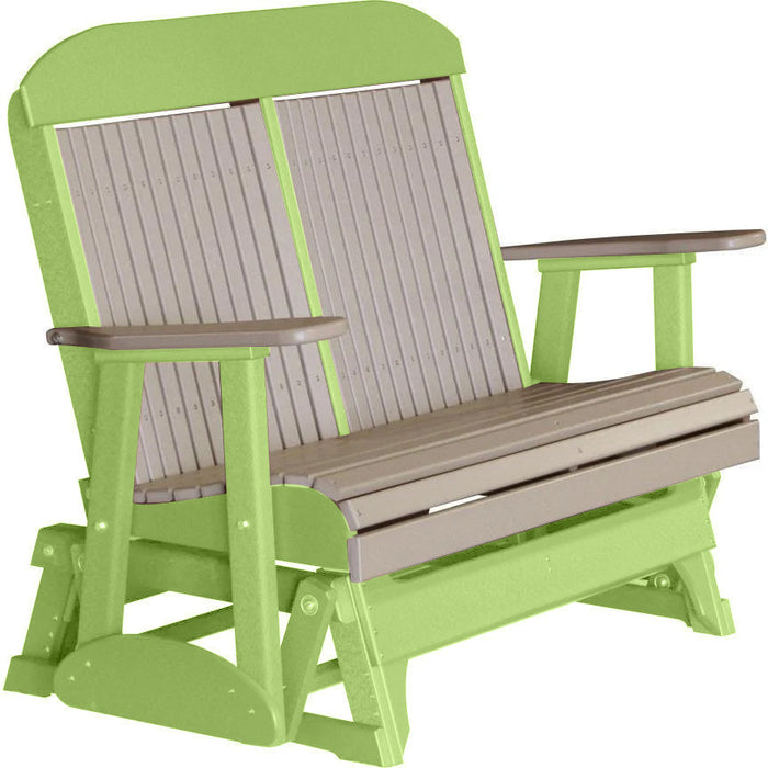 LuxCraft LuxCraft Weatherwood 4 ft. Recycled Plastic Highback Outdoor Glider Bench Weatherwood on Lime Green Highback Glider 4CPGWWLG