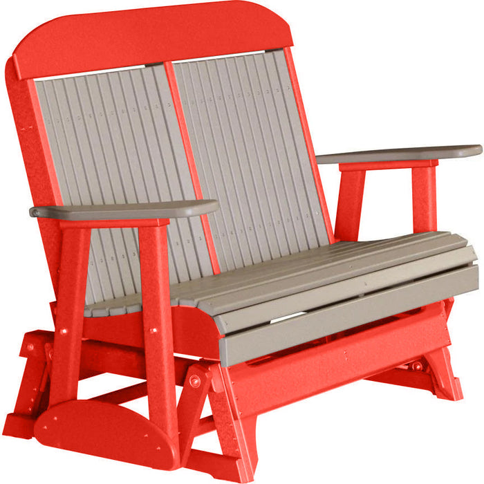 LuxCraft LuxCraft Weatherwood 4 ft. Recycled Plastic Highback Outdoor Glider Bench Weatherwood on Red Highback Glider 4CPGWWR