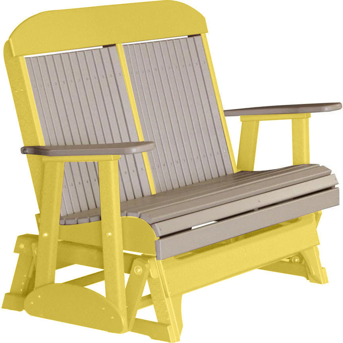 LuxCraft LuxCraft Weatherwood 4 ft. Recycled Plastic Highback Outdoor Glider Bench Weatherwood on Yellow Highback Glider 4CPGWWY