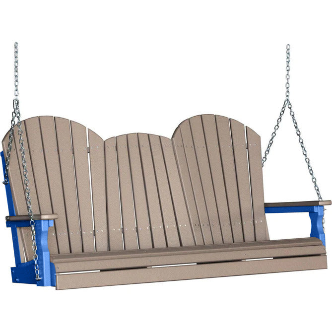 LuxCraft LuxCraft Weatherwood Adirondack 5ft. Recycled Plastic Porch Swing With Cup Holder Weatherwood on Blue / Adirondack Porch Swing Porch Swing 5APSWWBL-CH
