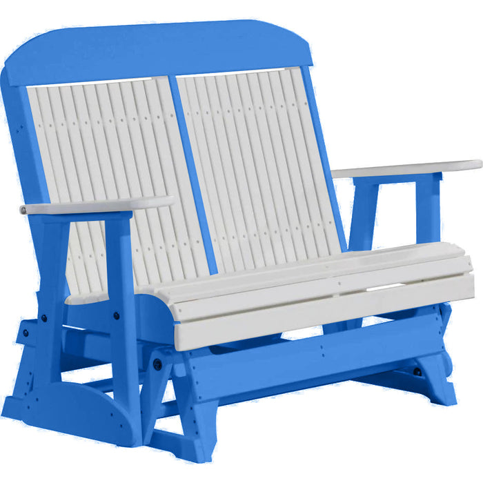 LuxCraft LuxCraft White 4 ft. Recycled Plastic Highback Outdoor Glider Bench White on Blue Highback Glider 4CPGWBL