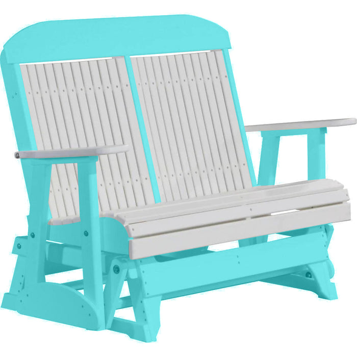 LuxCraft LuxCraft White 4 ft. Recycled Plastic Highback Outdoor Glider Bench With Cup Holder White on Aruba Blue Highback Glider 4CPGWAB