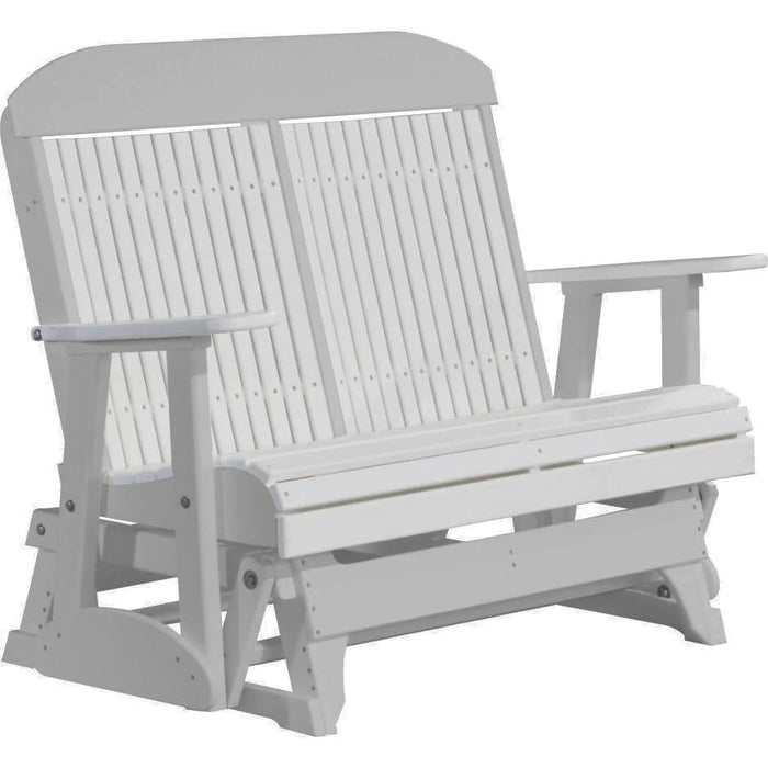LuxCraft LuxCraft White 4 ft. Recycled Plastic Highback Outdoor Glider Bench With Cup Holder White on Dove Gray Highback Glider 4CPGWDG