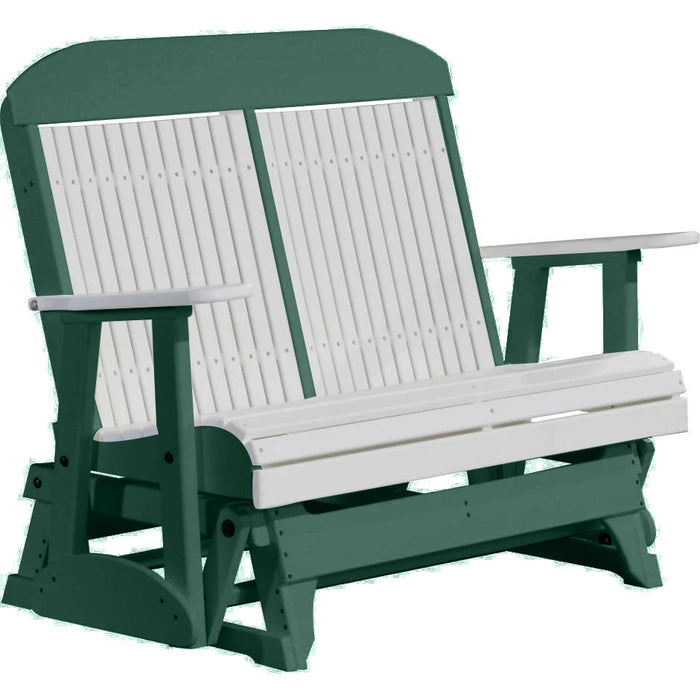 LuxCraft LuxCraft White 4 ft. Recycled Plastic Highback Outdoor Glider Bench With Cup Holder White on Green Highback Glider 4CPGWG