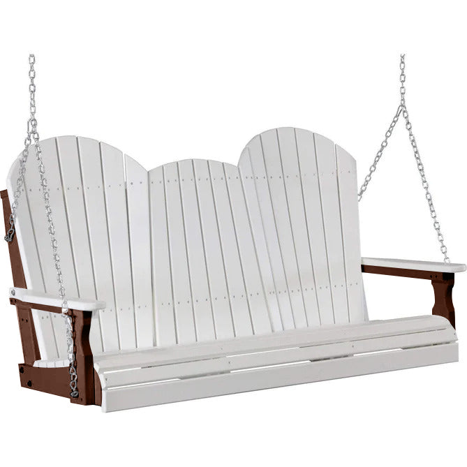 LuxCraft LuxCraft White Adirondack 5ft. Recycled Plastic Porch Swing With Cup Holder White on Chestnut / Adirondack Porch Swing Porch Swing 5APSWCH-CH