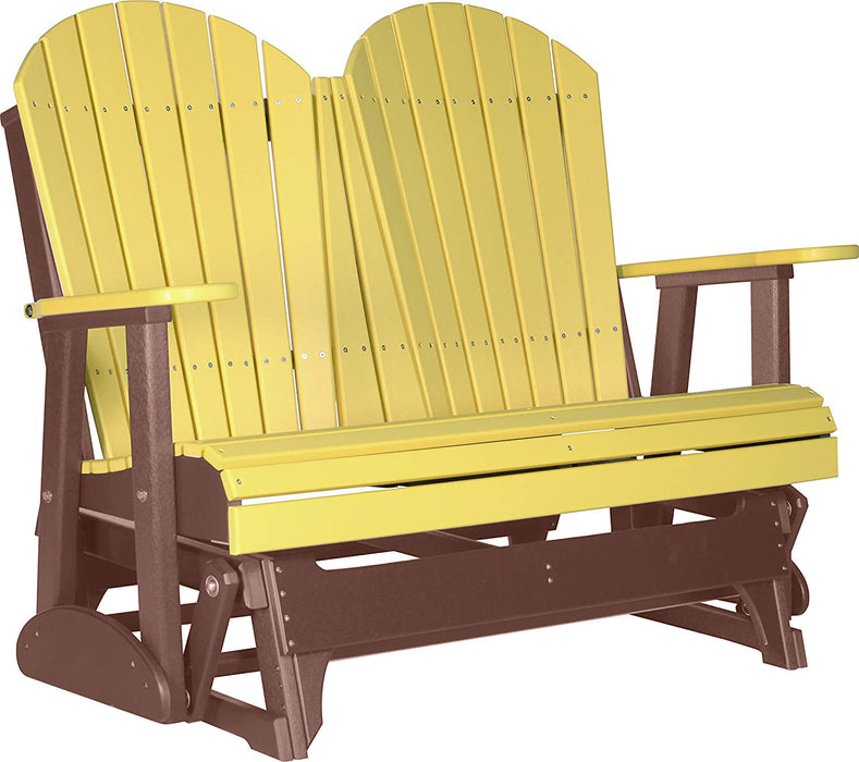 LuxCraft LuxCraft Yellow 4 ft. Recycled Plastic Adirondack Outdoor Glider With Cup Holder Yellow on Chestnut Brown Adirondack Glider 4APGYCB-CH