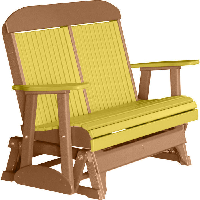 LuxCraft LuxCraft Yellow 4 ft. Recycled Plastic Highback Outdoor Glider Bench With Cup Holder Yellow on Antique Mahogany Highback Glider 4CPGYAM-CH