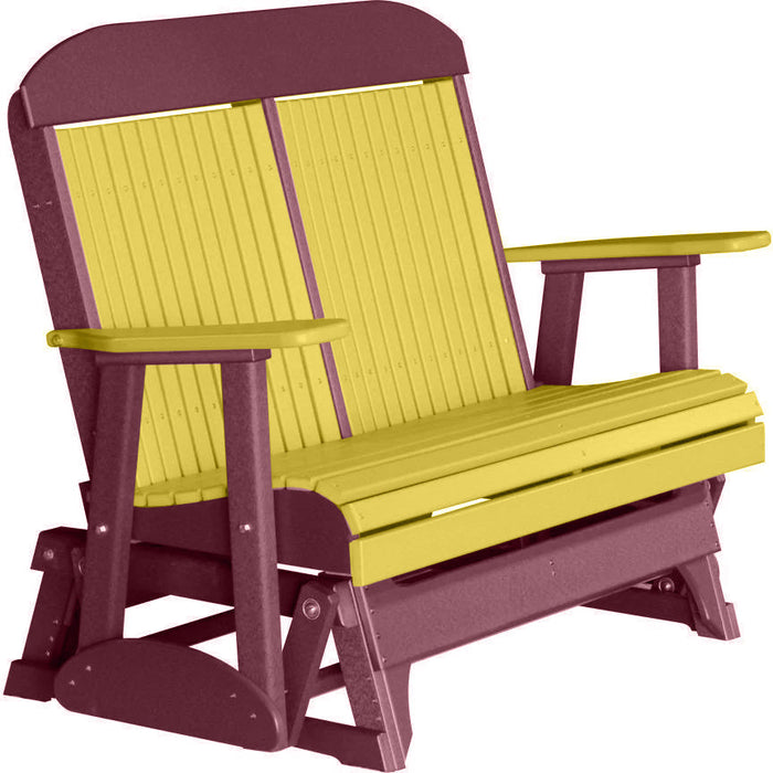 LuxCraft LuxCraft Yellow 4 ft. Recycled Plastic Highback Outdoor Glider Bench With Cup Holder Yellow on Cherrywood Highback Glider 4CPGYCW-CH