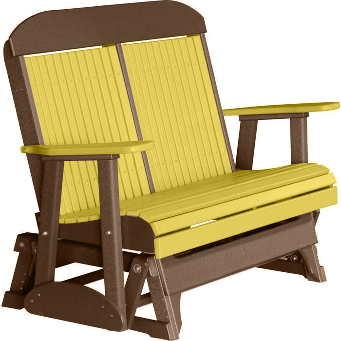 LuxCraft LuxCraft Yellow 4 ft. Recycled Plastic Highback Outdoor Glider Bench With Cup Holder Yellow on Chestnut Brown Highback Glider 4CPGYCBR-CH