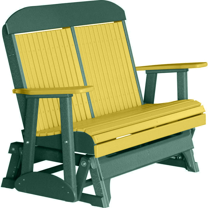 LuxCraft LuxCraft Yellow 4 ft. Recycled Plastic Highback Outdoor Glider Bench With Cup Holder Yellow on Green Highback Glider 4CPGYG-CH