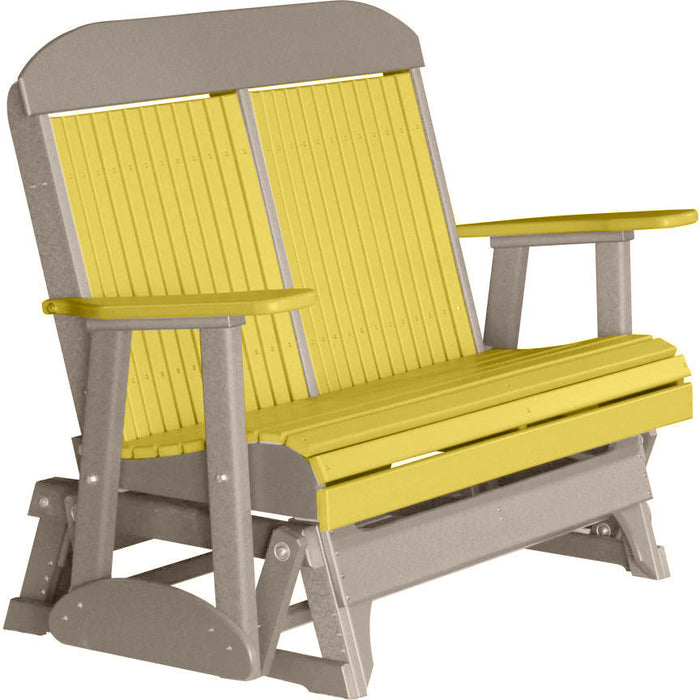 LuxCraft LuxCraft Yellow 4 ft. Recycled Plastic Highback Outdoor Glider Bench With Cup Holder Yellow on Weatherwood Highback Glider 4CPGYWW-CH