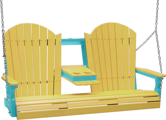 LuxCraft LuxCraft Yellow Adirondack 5ft. Recycled Plastic Porch Swing With Cup Holder Yellow on Aruba Blue / Adirondack Porch Swing Porch Swing