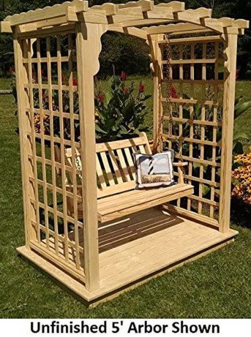 A & L Furniture Amish Handcrafted Cedar Wood Cambridge Arbor w/ Deck & Swing 5 ft / Gray Stain Cedar 1532C-GS