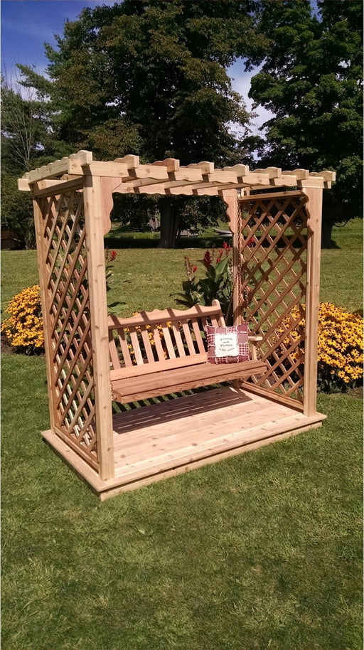 A & L Furniture Amish Handcrafted Cedar Wood Covington Arbor w/ Deck & Swing 5 ft / Gray Stain Cedar 1531C-GS
