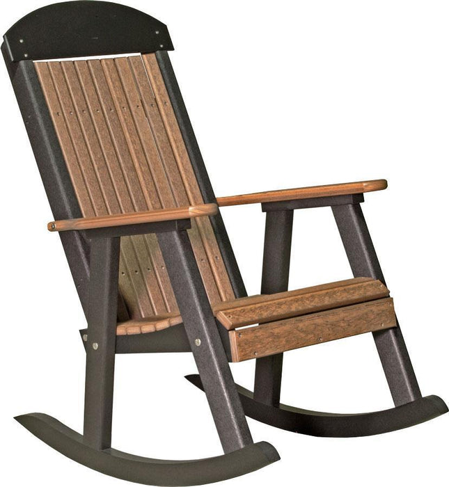 LuxCraft LuxCraft Antique Mahogany Classic Traditional Recycled Plastic Porch Rocking Chair (2 Chairs) With Cup Holder Antique Mahogany on Black Rocking Chair PPRAMB