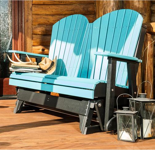 LuxCraft LuxCraft Aruba Blue 4 ft. Recycled Plastic Adirondack Outdoor Glider With Cup Holder Aruba Blue On Black Adirondack Glider 4APGABB