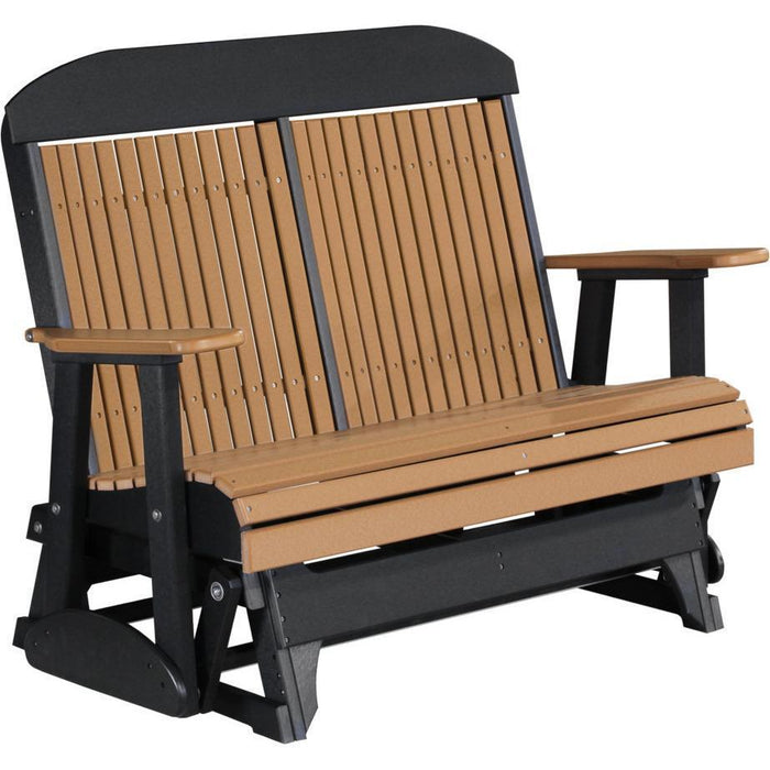 LuxCraft LuxCraft Cedar 4 ft. Recycled Plastic Highback Outdoor Glider Bench With Cup Holder Cedar On Black Highback Glider 4CPGCB