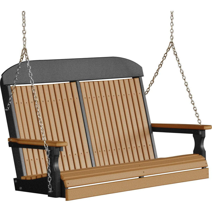 LuxCraft LuxCraft Classic Highback 4ft. Recycled Plastic Porch Swing With Cup Holder Cedar On Black Porch Swing 4CPSCB