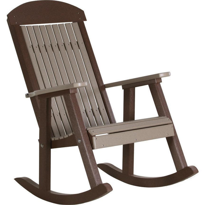 LuxCraft LuxCraft Classic Traditional Recycled Plastic Porch Rocking Chair (2 Chairs) With Cup Holder Weather Wood On Chestnut Brown Rocking Chair PPRWWCBR