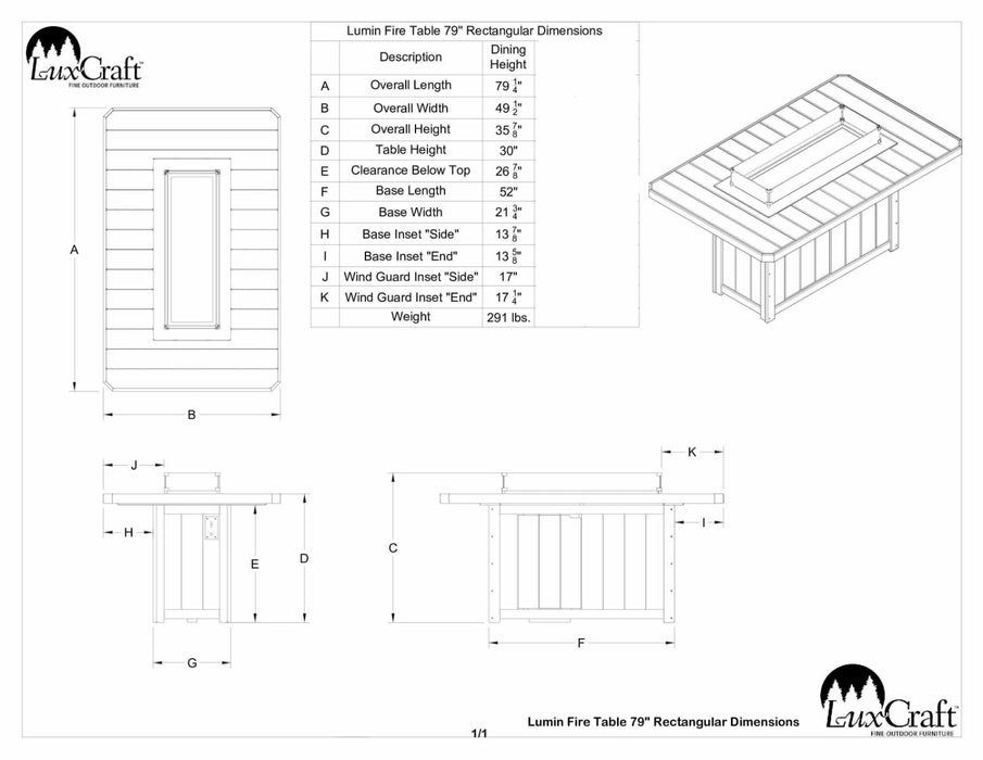 LuxCraft Luxcraft Lumin Fire 79" Rectangular Dining Table Fire Tables LFT79R