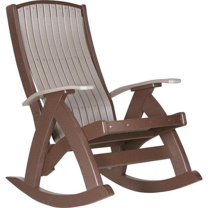 LuxCraft LuxCraft Recycled Plastic Comfort Porch Rocking Chair With Cup Holder Weather Wood On Chestnut Brown Rocking Chair PCRWWCBR