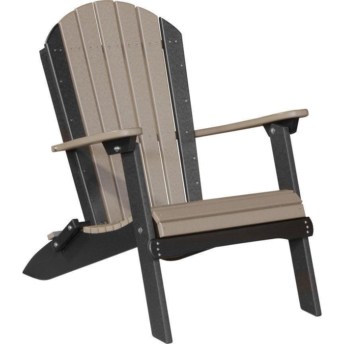 LuxCraft LuxCraft Weatherwood Folding Recycled Plastic Adirondack Chair With Cup Holder Weatherwood On Black Adirondack Deck Chair PFACWWB