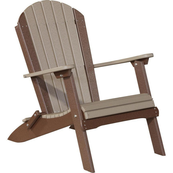 LuxCraft LuxCraft Weatherwood Folding Recycled Plastic Adirondack Chair With Cup Holder Weatherwood On Chestnut Brown Adirondack Deck Chair PFACWWCBR