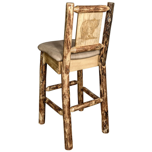 Montana Woodworks Glacier Country Barstool Back Buckskin Upholstery w/ Laser Engraved Design Stained & Lacquered / Bear Dining, Kitchen, Game Room, Bar MWGCBSWNRBUCKLZBEAR 661890445847