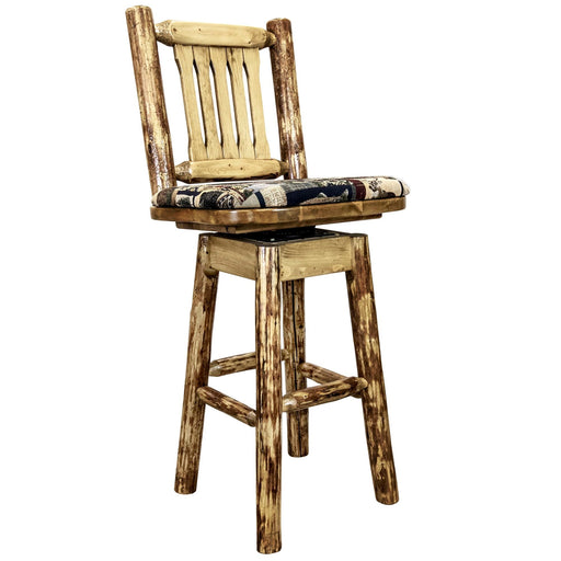 Montana Woodworks Glacier Country Barstool Back & Swivel w/ Upholstered Seat Woodland Pattern Stained & Lacquered Dining, Kitchen, Game Room, Bar MWGCBSWSNRWOOD 661890464305