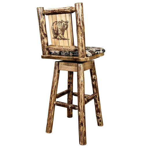 Montana Woodworks Glacier Country Barstool Back & Swivel Woodland Pattern Upholstery w/ Laser Engraved Design Stained & Lacquered / Bear Dining, Kitchen, Game Room, Bar MWGCBSWSNRWOODLZBEAR 661890464725