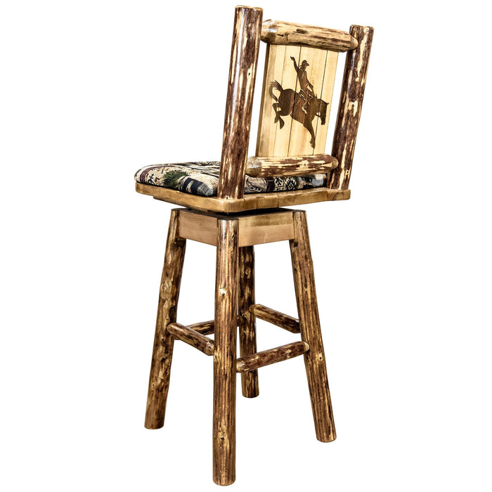 Montana Woodworks Glacier Country Barstool Back & Swivel Woodland Pattern Upholstery w/ Laser Engraved Design Stained & Lacquered / Bronc Dining, Kitchen, Game Room, Bar MWGCBSWSNRWOODLZBRONC 661890464787