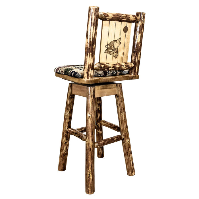Montana Woodworks Glacier Country Barstool Back & Swivel Woodland Pattern Upholstery w/ Laser Engraved Design Stained & Lacquered / Wolf Dining, Kitchen, Game Room, Bar MWGCBSWSNRWOODLZWOLF 661890465029