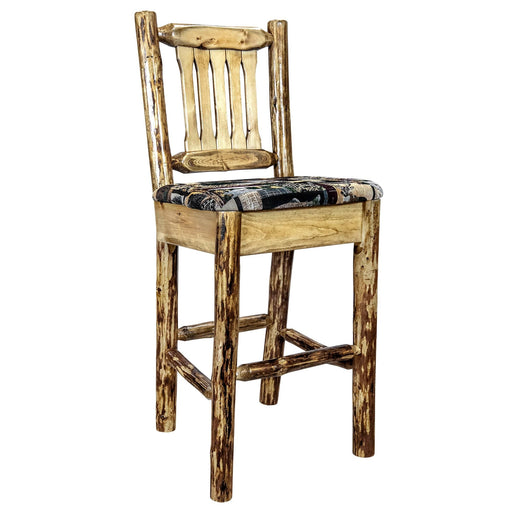 Montana Woodworks Glacier Country Barstool Back Upholstered Seat Woodland Pattern Stained & Lacquered Dining, Kitchen, Game Room, Bar MWGCBSWNRWOOD 661890464244
