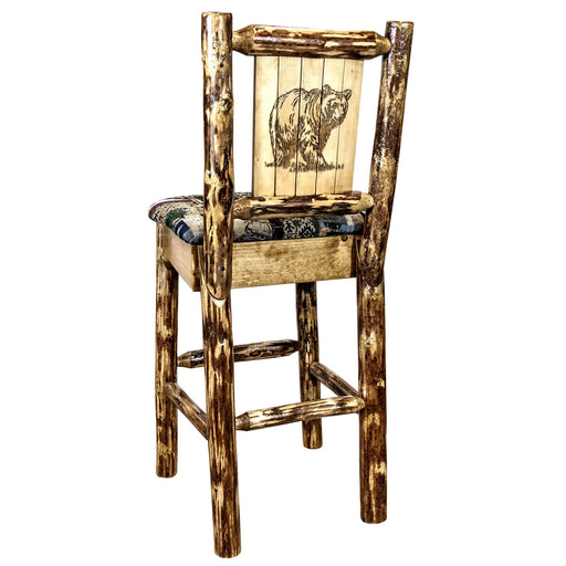 Montana Woodworks Glacier Country Barstool Back Woodland Upholstery w/ Laser Engraved Design Stained & Lacquered Stained & Lacquered / Bear Dining, Kitchen, Game Room, Bar MWGCBSWNRWOODLZBEAR 661890464367