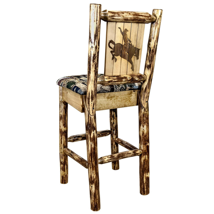Montana Woodworks Glacier Country Barstool Back Woodland Upholstery w/ Laser Engraved Design Stained & Lacquered Stained & Lacquered / Bronc Dining, Kitchen, Game Room, Bar MWGCBSWNRWOODLZBRONC 661890464428