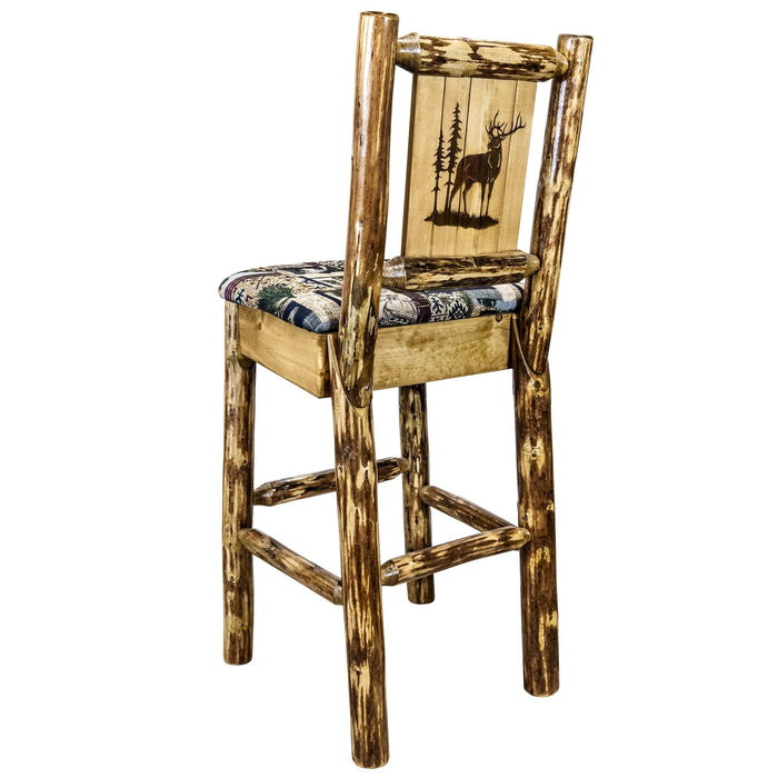 Montana Woodworks Glacier Country Barstool Back Woodland Upholstery w/ Laser Engraved Design Stained & Lacquered Stained & Lacquered / Elk Dining, Kitchen, Game Room, Bar MWGCBSWNRWOODLZELK 661890464480