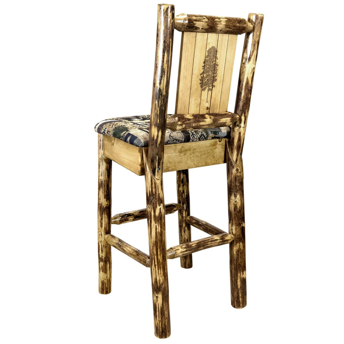 Montana Woodworks Glacier Country Barstool Back Woodland Upholstery w/ Laser Engraved Design Stained & Lacquered Stained & Lacquered / Pine Dining, Kitchen, Game Room, Bar MWGCBSWNRWOODLZPINE 661890464602