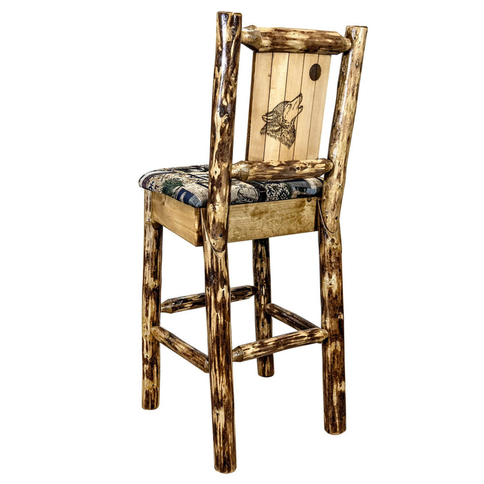Montana Woodworks Glacier Country Barstool Back Woodland Upholstery w/ Laser Engraved Design Stained & Lacquered Stained & Lacquered / Wolf Dining, Kitchen, Game Room, Bar MWGCBSWNRWOODLZWOLF 661890464664