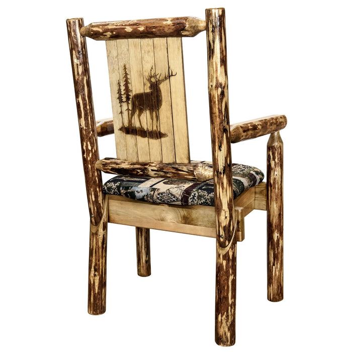 Montana Woodworks Glacier Country Captain's Chair Woodland Upholstery w/ Laser Engraved Design Stained & Lacquered / Elk Dining, Kitchen, Home Office MWGCCASCNWOODLZELK 661890466941