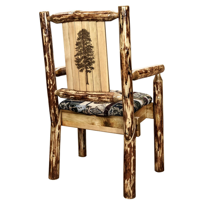 Montana Woodworks Glacier Country Captain's Chair Woodland Upholstery w/ Laser Engraved Design Stained & Lacquered / Pine Dining, Kitchen, Home Office MWGCCASCNWOODLZPINE 661890467061