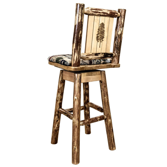 Montana Woodworks Glacier Country Counter Height Barstool Back & Swivel Woodland Upholstery w/ Laser Engraved Design Stained & Lacquered / Pine Dining, Kitchen, Game Room, Bar MWGCBSWSNRWOOD24LZPINE 661890466644